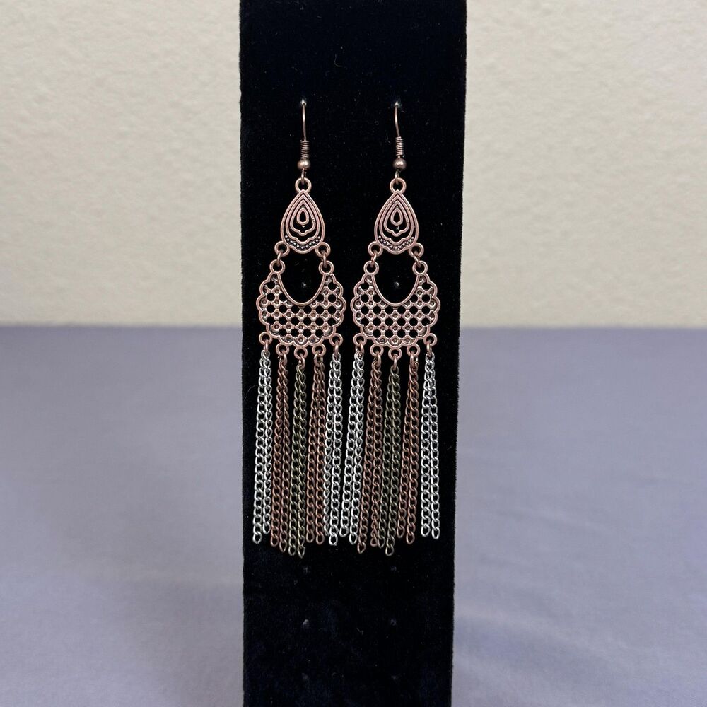 Multicolor Metal Chain Tassel Teardrop Dangle Drop Earrings Womens Boho Jewelry